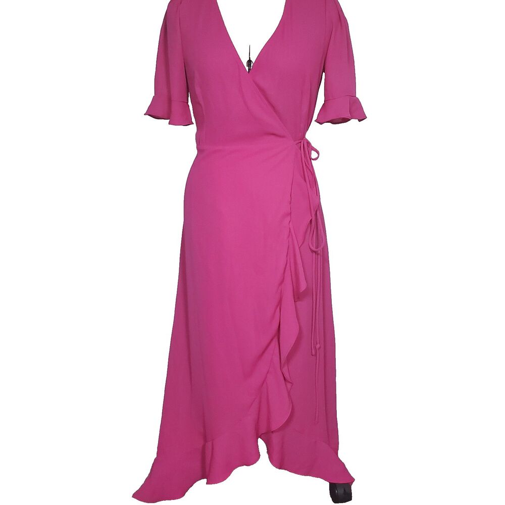 Lulu's Women’s Wrap Dress Size XS Hot Pink Ruffle Flowy High Low Short Sleeve - Picture 2 of 12
